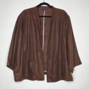 Lands' End Long Sleeve LINEN Blazer Size 26W Open Front Brown Jacket Pockets